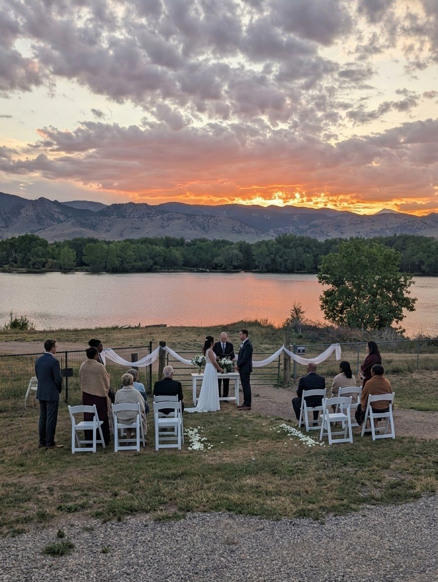 A ceremony at the water's edge at sunset, guests seated on the grass, the range behind the lake.