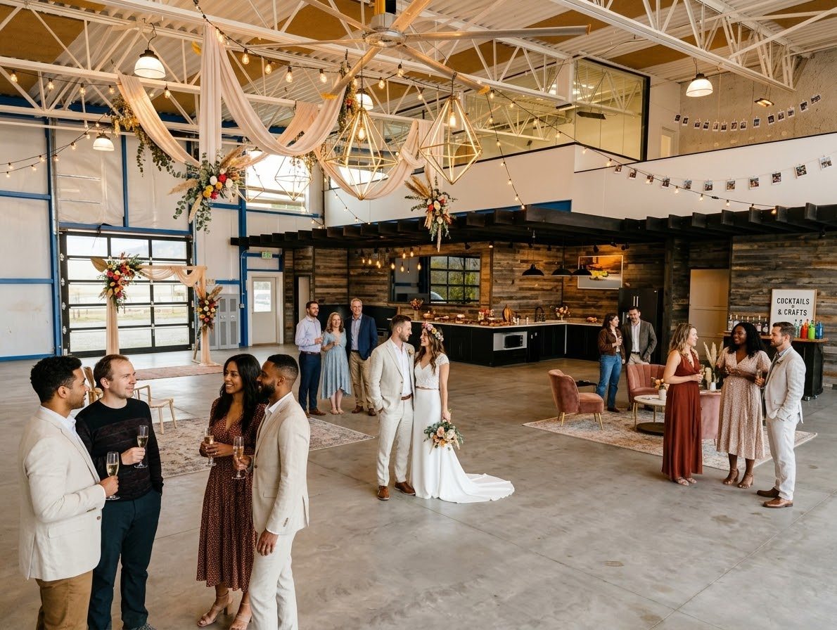 Daytime reception inside: draped ceiling, geometric pendants, floral arch and guests with champagne.
