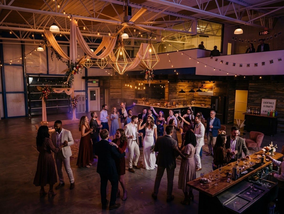 The same room after dark, warm pendant light, the floor full of dancing guests.